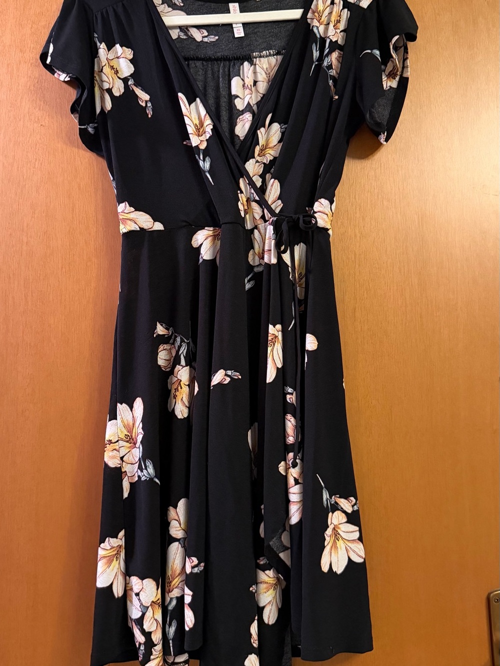 Xhilaration Black Wrap Midi Dress with Yellow and White Floral Print